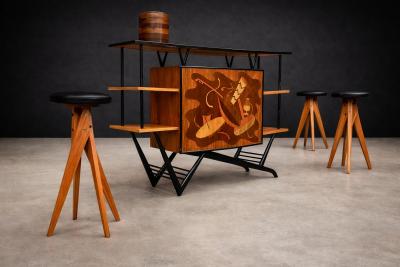 Brazilian Bar in Imbuia Roxinho Pau Marfim with Party Motif Marquetry