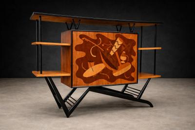 Brazilian Bar in Imbuia Roxinho Pau Marfim with Party Motif Marquetry