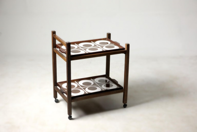 Brazilian Mid Century Modern Tile and Hardwood Tea Cart Brazil 1960s