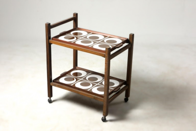 Brazilian Mid Century Modern Tile and Hardwood Tea Cart Brazil 1960s