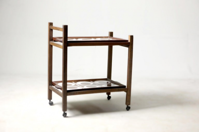 Brazilian Mid Century Modern Tile and Hardwood Tea Cart Brazil 1960s