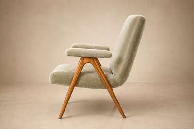 Brazilian Modern Armchair in Sage Greige Mohair and Hardwood Brazil