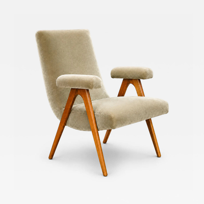 Brazilian Modern Armchair in Sage Greige Mohair and Hardwood Brazil