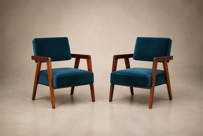 Brazilian Modern Armchairs in Imbuia Wood and Deep Petrol Blue Mohair