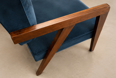 Brazilian Modern Armchairs in Imbuia Wood and Deep Petrol Blue Mohair
