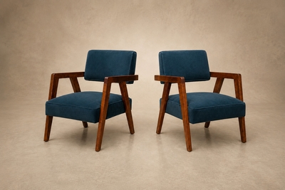Brazilian Modern Armchairs in Imbuia Wood and Deep Petrol Blue Mohair