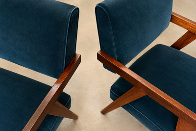 Brazilian Modern Armchairs in Imbuia Wood and Deep Petrol Blue Mohair
