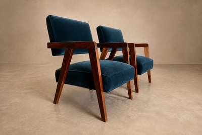 Brazilian Modern Armchairs in Imbuia Wood and Deep Petrol Blue Mohair