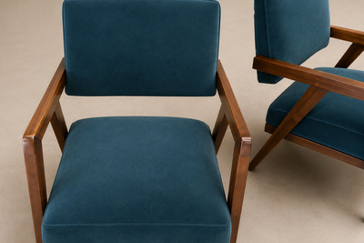 Brazilian Modern Armchairs in Imbuia Wood and Deep Petrol Blue Mohair