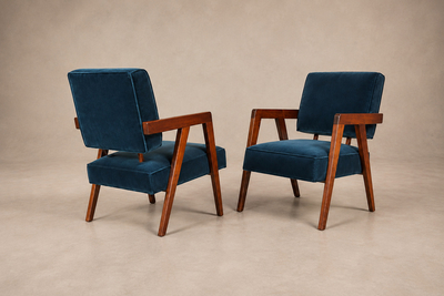 Brazilian Modern Armchairs in Imbuia Wood and Deep Petrol Blue Mohair
