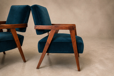 Brazilian Modern Armchairs in Imbuia Wood and Deep Petrol Blue Mohair