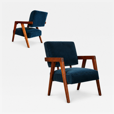 Brazilian Modern Armchairs in Imbuia Wood and Deep Petrol Blue Mohair