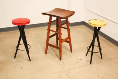 Brazilian Modern Bar Stools in Hardwood Red Yellow Leather S Brazil 1950s