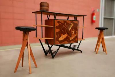 Brazilian Modern Bar in Hardwood Party Motif Marquetry Unknown 1950s Brazil