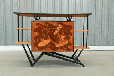 Brazilian Modern Bar in Hardwood Party Motif Marquetry Unknown 1950s Brazil