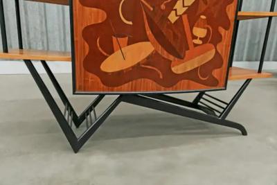 Brazilian Modern Bar in Hardwood Party Motif Marquetry Unknown 1950s Brazil
