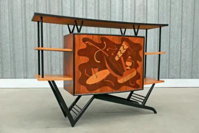 Brazilian Modern Bar in Hardwood Party Motif Marquetry Unknown 1950s Brazil