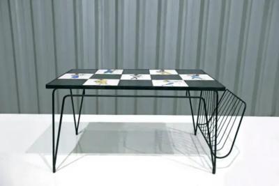 Brazilian Modern Checkered Coffee Table in Metal Tile w Illustration 1950s