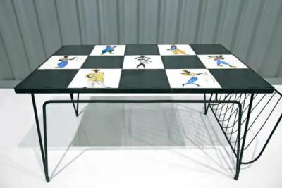 Brazilian Modern Checkered Coffee Table in Metal Tile w Illustration 1950s