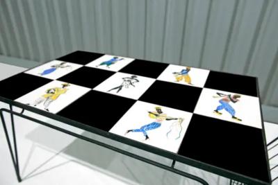 Brazilian Modern Checkered Coffee Table in Metal Tile w Illustration 1950s
