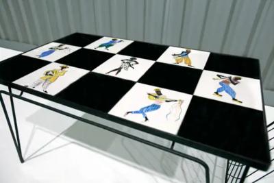 Brazilian Modern Checkered Coffee Table in Metal Tile w Illustration 1950s