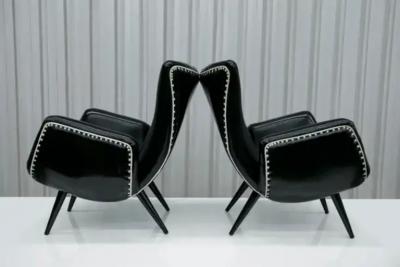 Brazilian Modern Pair of Armchairs in Faux Black Leather Unknown c 1950 s