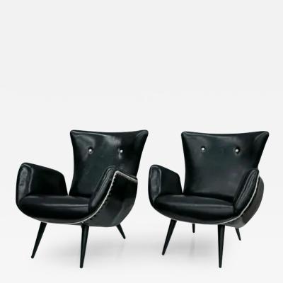 Brazilian Modern Pair of Armchairs in Faux Black Leather Unknown c 1950 s