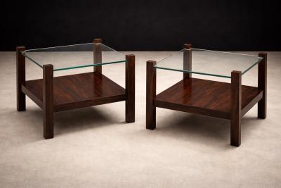 Brazilian Modern Pair of Square Side Tables in Rosewood and Glass Brazil 1960s