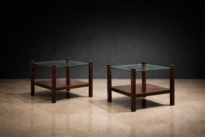 Brazilian Modern Pair of Square Side Tables in Rosewood and Glass Brazil 1960s