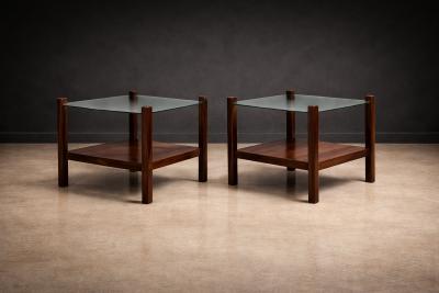 Brazilian Modern Pair of Square Side Tables in Rosewood and Glass Brazil 1960s