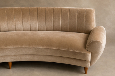 Brazilian Modern Sculptural Curved Sofa in Mohair and Cavi na wood