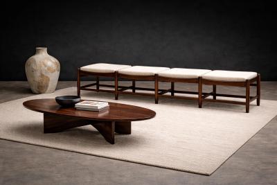 Brazilian Rosewood and Cane Four Seat Bench with Ivory Boucle Cushions