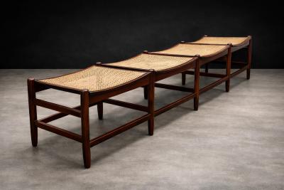 Brazilian Rosewood and Cane Four Seat Bench with Ivory Boucle Cushions