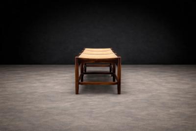 Brazilian Rosewood and Cane Four Seat Bench with Ivory Boucle Cushions