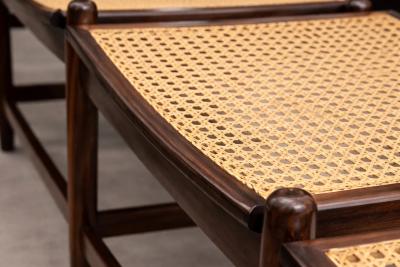 Brazilian Rosewood and Cane Four Seat Bench with Ivory Boucle Cushions