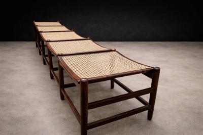 Brazilian Rosewood and Cane Four Seat Bench with Ivory Boucle Cushions