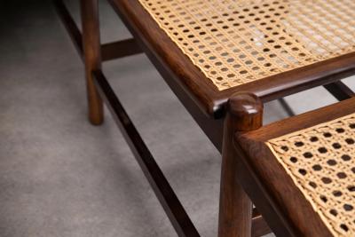 Brazilian Rosewood and Cane Four Seat Bench with Ivory Boucle Cushions