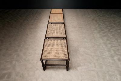 Brazilian Rosewood and Cane Four Seat Bench with Ivory Boucle Cushions
