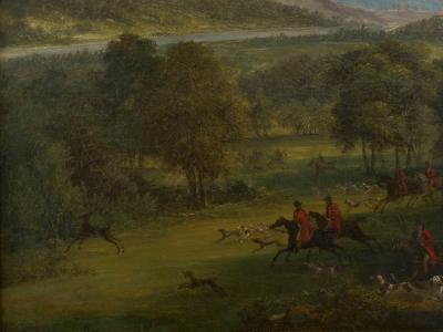 British School 19th C Antique Oil Landscape Painting of A Hunting Party 