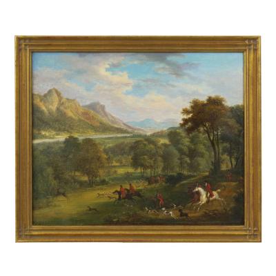 British School 19th C Antique Oil Landscape Painting of A Hunting Party 