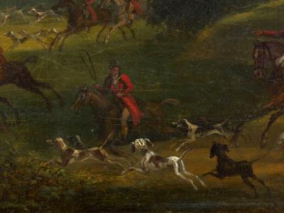British School 19th C Antique Oil Landscape Painting of A Hunting Party 