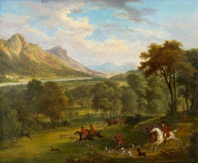 British School 19th C Antique Oil Landscape Painting of A Hunting Party 