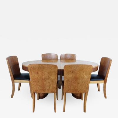British art deco extendable dining table and six chairs in birdseye maple