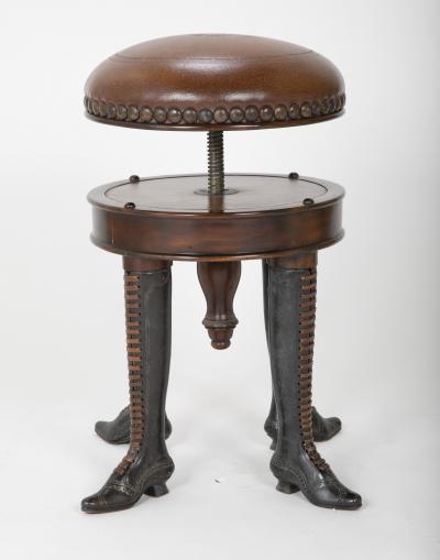 Bronze Four Legged Adjustable Revolving Stool with Leather Upholstered Seat