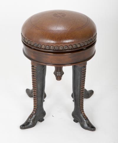 Bronze Four Legged Adjustable Revolving Stool with Leather Upholstered Seat