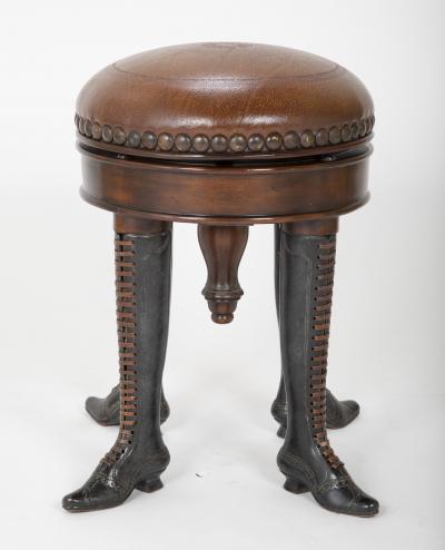 Bronze Four Legged Adjustable Revolving Stool with Leather Upholstered Seat