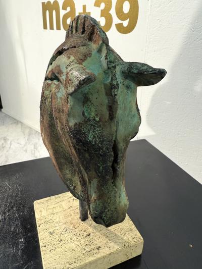 Bronze Horse Head Sculpture on Travertine Base