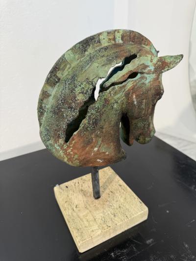 Bronze Horse Head Sculpture on Travertine Base