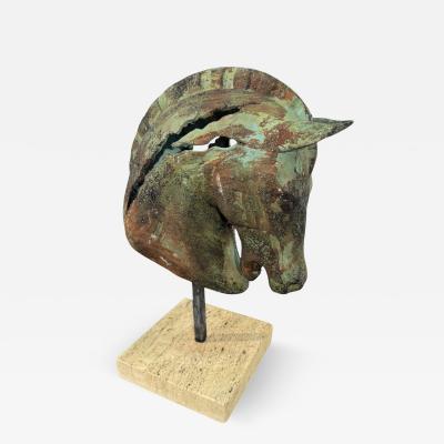 Bronze Horse Head Sculpture on Travertine Base