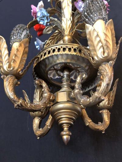 Bronze Louis XVI Style French Chandelier with Porcelain Flowers